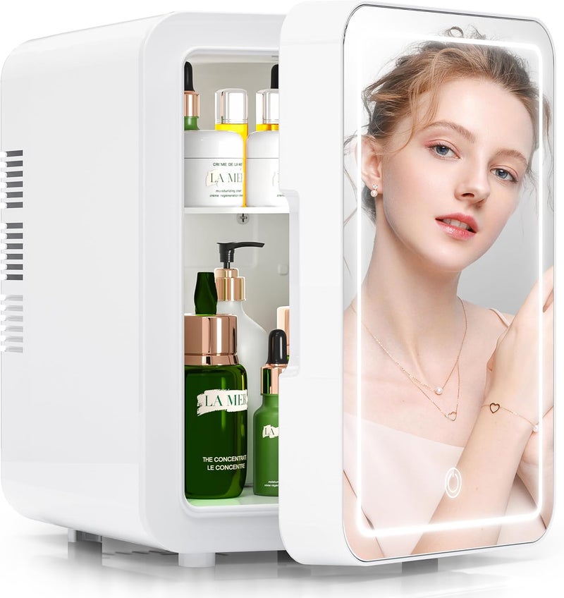 Bogda Mini Skincare Fridge (4 Liter/6 Can) with Dimmable LED Light Mirror, Cooler and Warmer for Refrigerating Make Up, Skin Care and Food, Portable Mini Fridge for Bedroom, Office and Car, White - Image 1